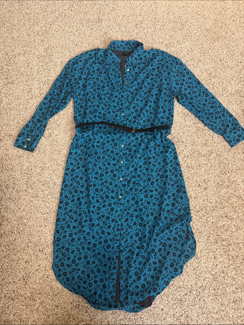 Ann Taylor Teal Blue Floral Button-Front Long Sleeve Dress
